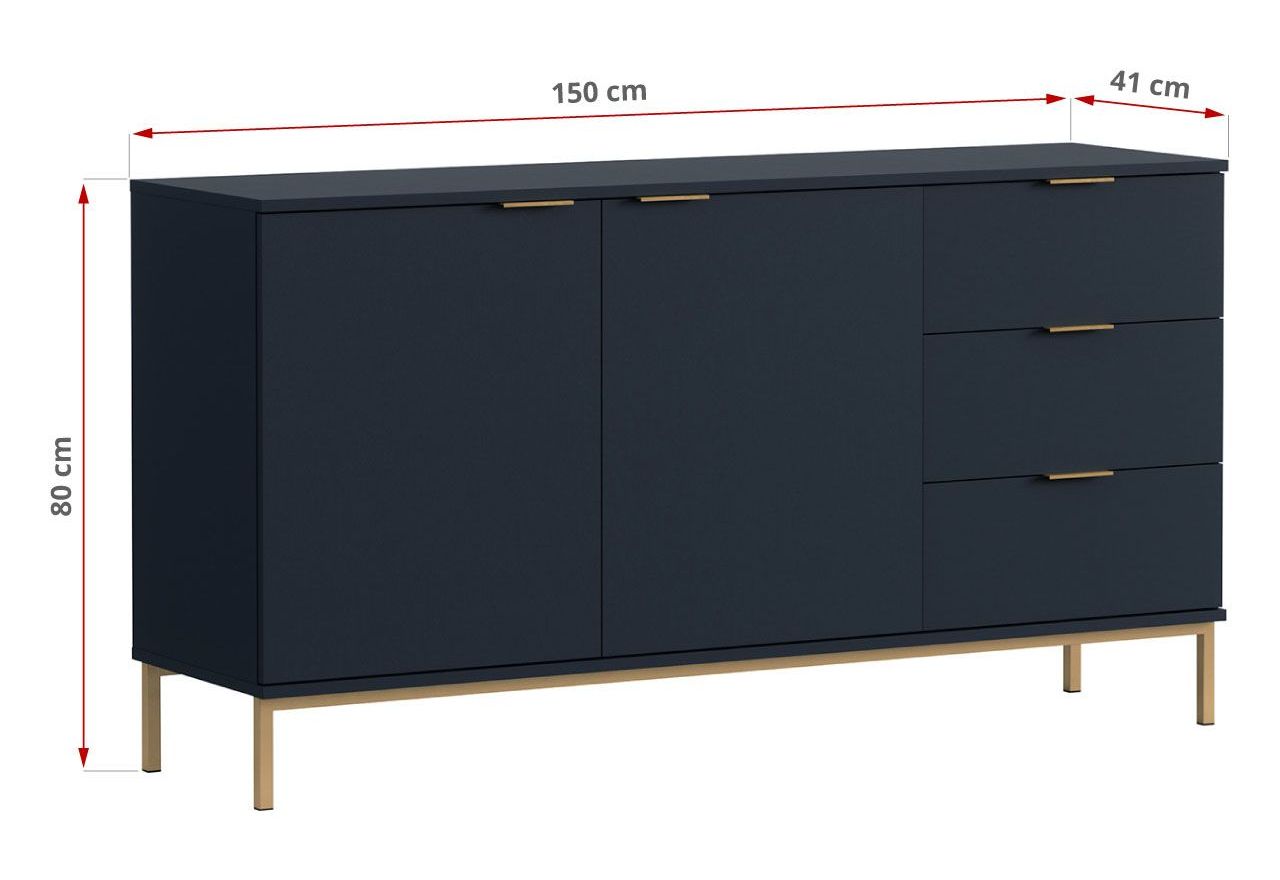 Granatowy zestaw mebli do salonu PAGANE z metalowymi, złotymi dodatkami i opcją oświetlenia LED