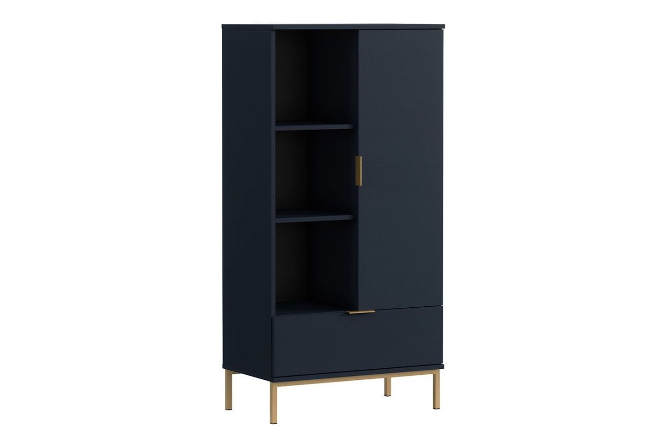 Granatowy zestaw mebli do salonu PAGANE z metalowymi, złotymi dodatkami i opcją oświetlenia LED