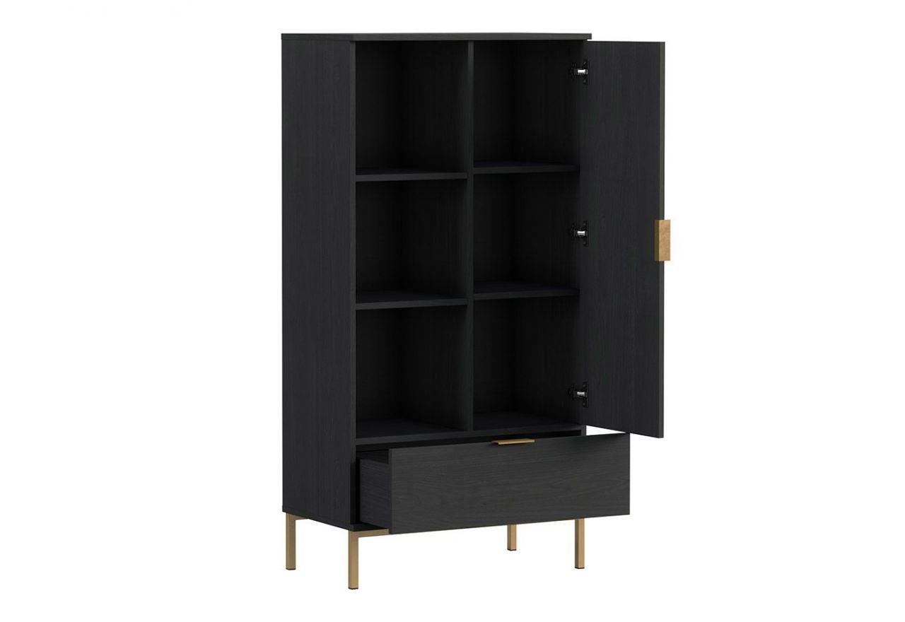 Granatowy zestaw mebli do salonu PAGANE z metalowymi, złotymi dodatkami i opcją oświetlenia LED