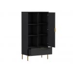 Granatowy zestaw mebli do salonu PAGANE z metalowymi, złotymi dodatkami i opcją oświetlenia LED