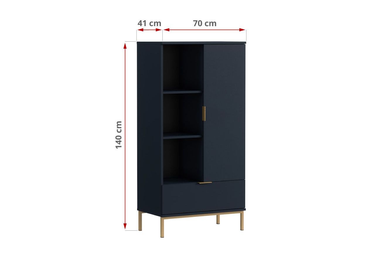 Granatowy zestaw mebli do salonu PAGANE z metalowymi, złotymi dodatkami i opcją oświetlenia LED