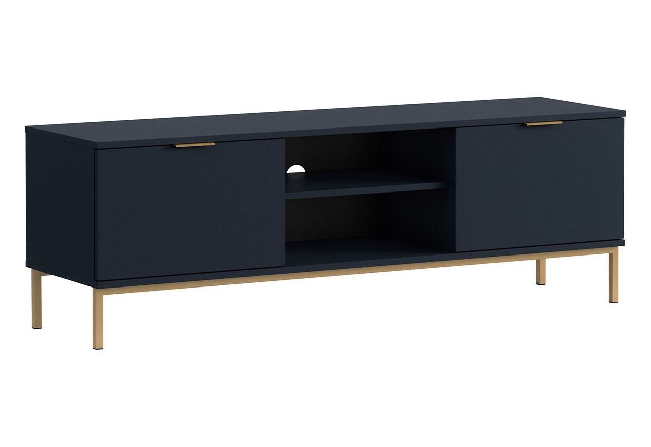 Granatowy zestaw mebli do salonu PAGANE z metalowymi, złotymi dodatkami i opcją oświetlenia LED