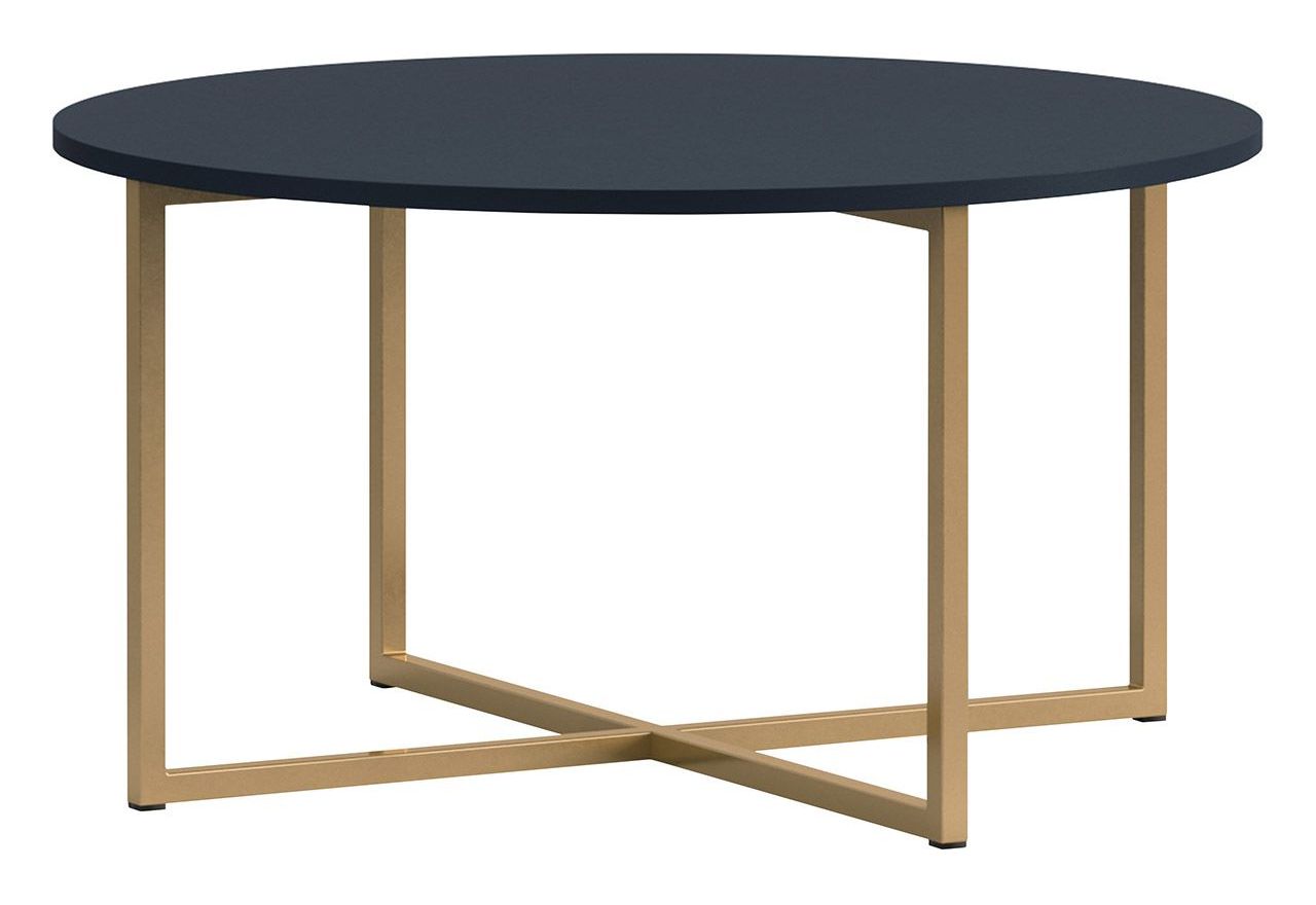 Granatowy zestaw mebli do salonu PAGANE z metalowymi, złotymi dodatkami i opcją oświetlenia LED