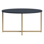 Granatowy zestaw mebli do salonu PAGANE z metalowymi, złotymi dodatkami i opcją oświetlenia LED