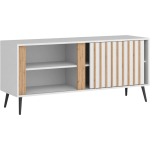 Szafka RTV biała, do salonu MELSVIK 140 cm z przesuwnymi drzwiami ozdobionymi lamelami dąb wotan