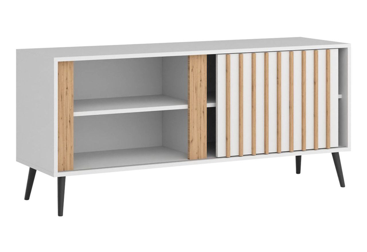 Szafka RTV biała, do salonu MELSVIK 140 cm z przesuwnymi drzwiami ozdobionymi lamelami dąb wotan