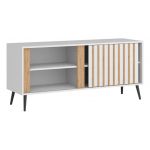 Szafka RTV biała, do salonu MELSVIK 140 cm z przesuwnymi drzwiami ozdobionymi lamelami dąb wotan