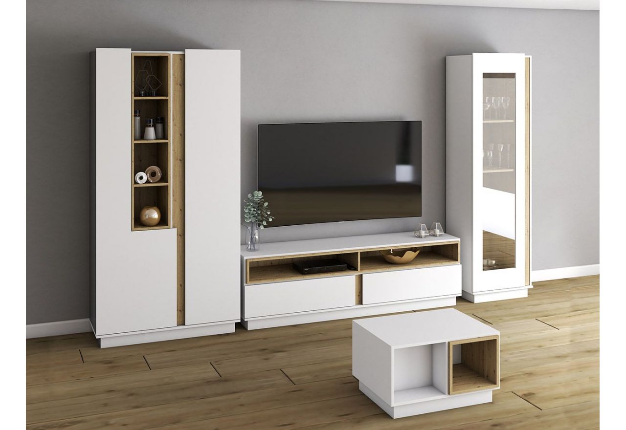 Biała stojąca witryna do salonu, z dekorem drewna - ESPEN Biały mat / Dąb Artisan