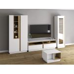 Biała stojąca witryna do salonu, z dekorem drewna - ESPEN Biały mat / Dąb Artisan