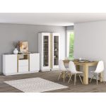 Biała stojąca witryna do salonu, z dekorem drewna - ESPEN Biały mat / Dąb Artisan