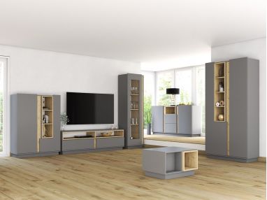 Szary zestaw mebli do salonu, komplet 6 brył do pokoju - ESPEN Szary mat / Dąb Artisan