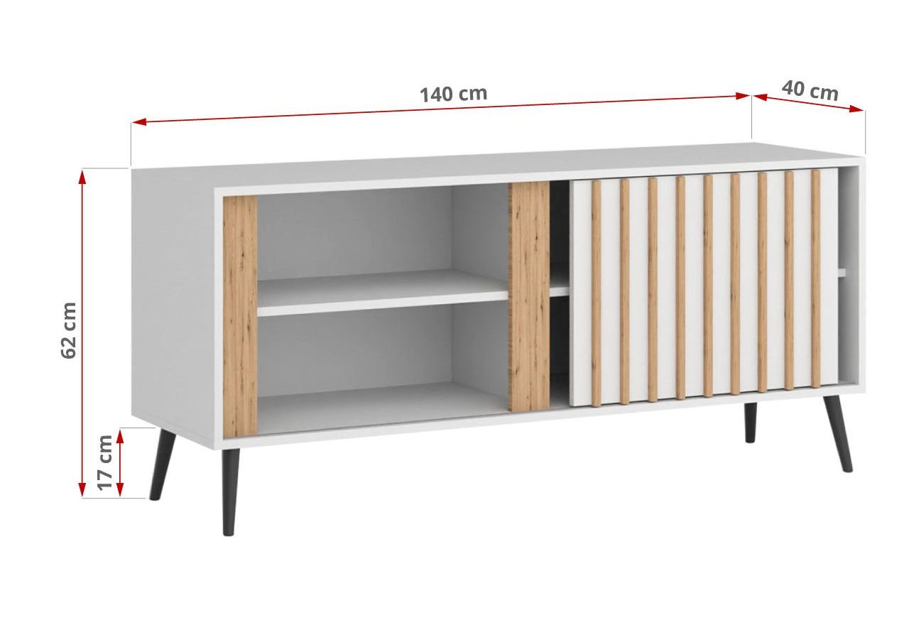 Szafka RTV biała, do salonu MELSVIK 140 cm z przesuwnymi drzwiami ozdobionymi lamelami dąb wotan