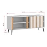 Szafka RTV biała, do salonu MELSVIK 140 cm z przesuwnymi drzwiami ozdobionymi lamelami dąb wotan