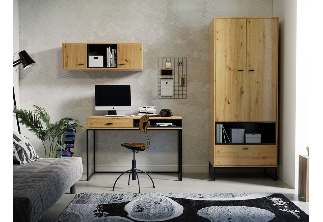 Zestaw mebli loftowych z biurkiem, szafką wiszącą i dwudrzwiową szafą do pokoju - ONEGA Dąb Artisan / Czarny