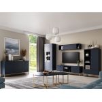 Granatowy zestaw mebli do salonu PAGANE z metalowymi, złotymi dodatkami i opcją oświetlenia LED