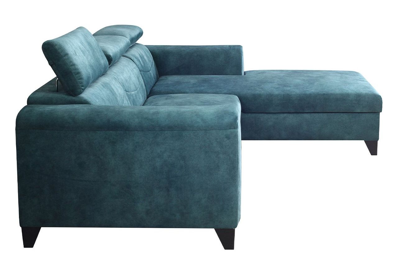 Turkusowy narożnik L, wolnostojący z siedziskiem na sprężynach REVIK rozkładany, z pojemnikiem na pościel