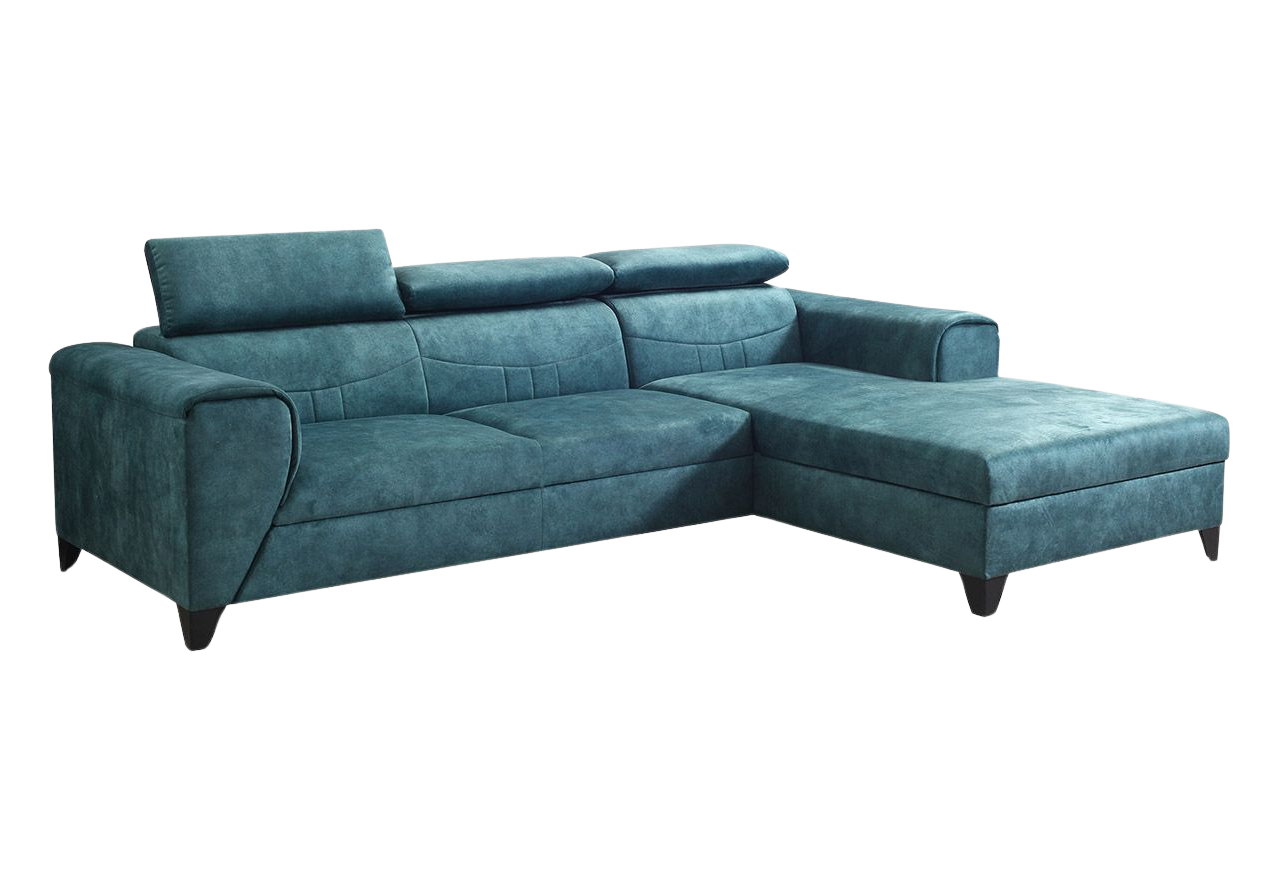 Turkusowy narożnik L, wolnostojący z siedziskiem na sprężynach REVIK rozkładany, z pojemnikiem na pościel