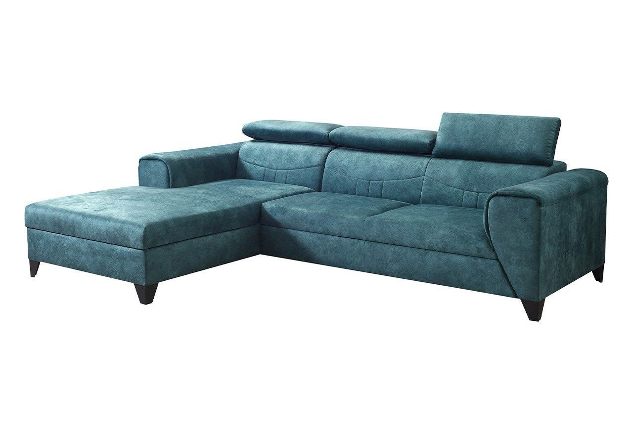 Turkusowy narożnik L, wolnostojący z siedziskiem na sprężynach REVIK rozkładany, z pojemnikiem na pościel