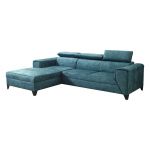 Turkusowy narożnik L, wolnostojący z siedziskiem na sprężynach REVIK rozkładany, z pojemnikiem na pościel