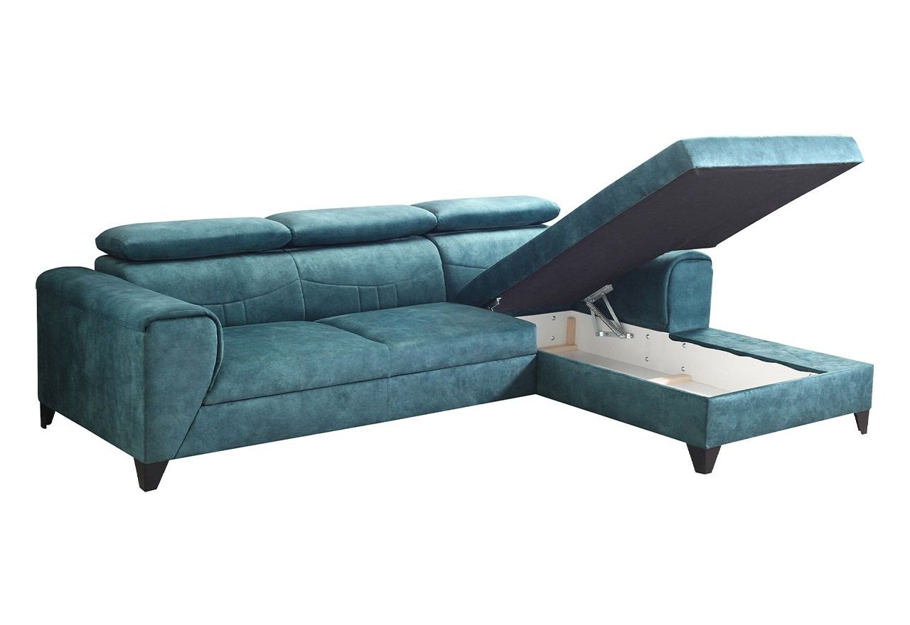 Turkusowy narożnik L, wolnostojący z siedziskiem na sprężynach REVIK rozkładany, z pojemnikiem na pościel