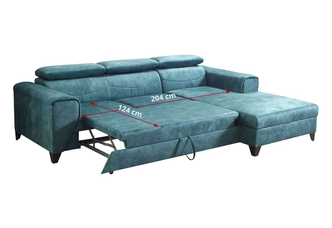 Turkusowy narożnik L, wolnostojący z siedziskiem na sprężynach REVIK rozkładany, z pojemnikiem na pościel