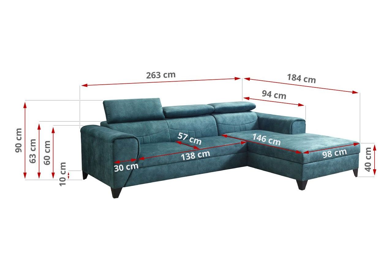 Turkusowy narożnik L, wolnostojący z siedziskiem na sprężynach REVIK rozkładany, z pojemnikiem na pościel
