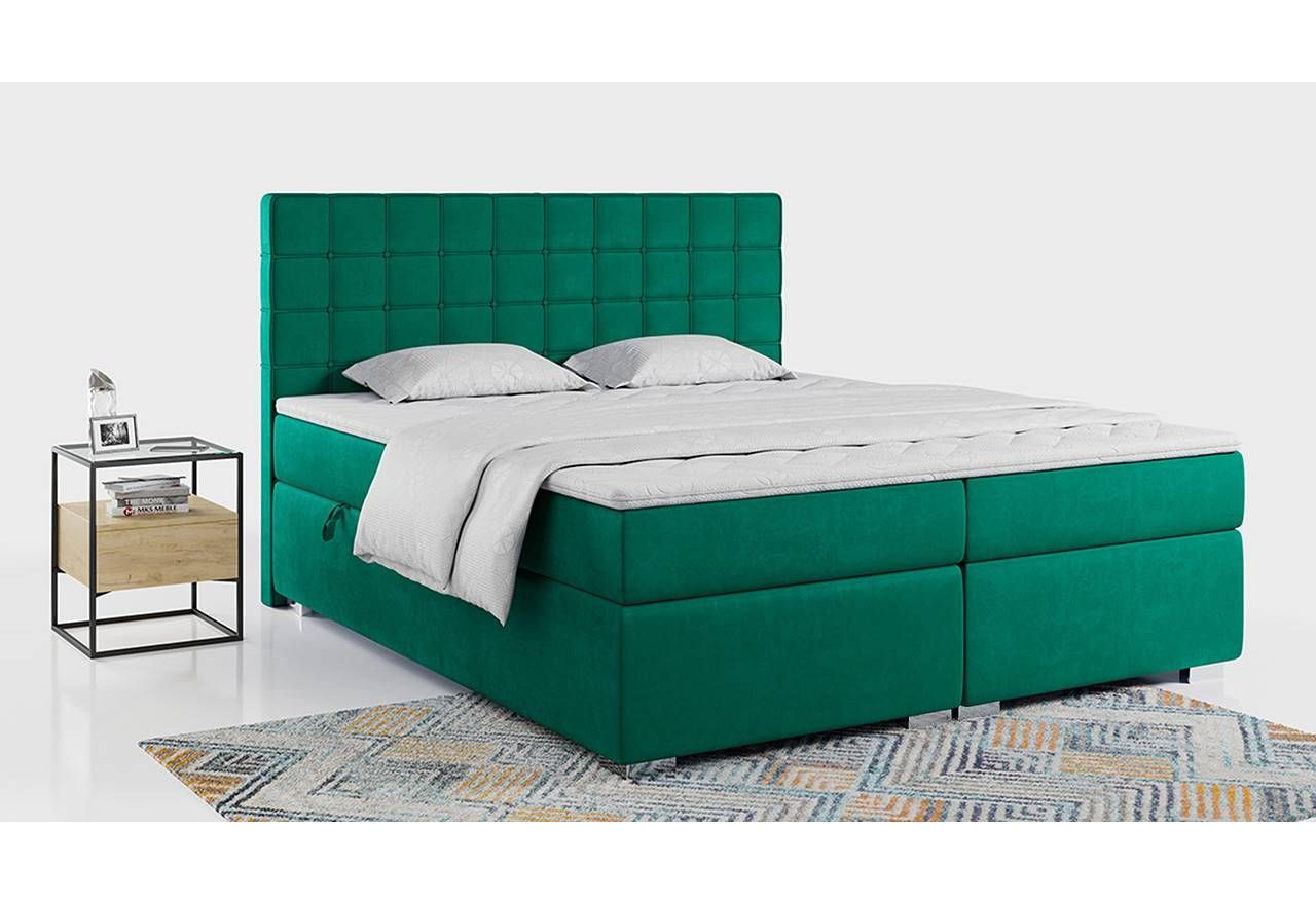Łóżko 2 osobowe, kontynentalne 200x200 cm z pikowanym zagłówkiem - CARMEN butelkowa zieleń