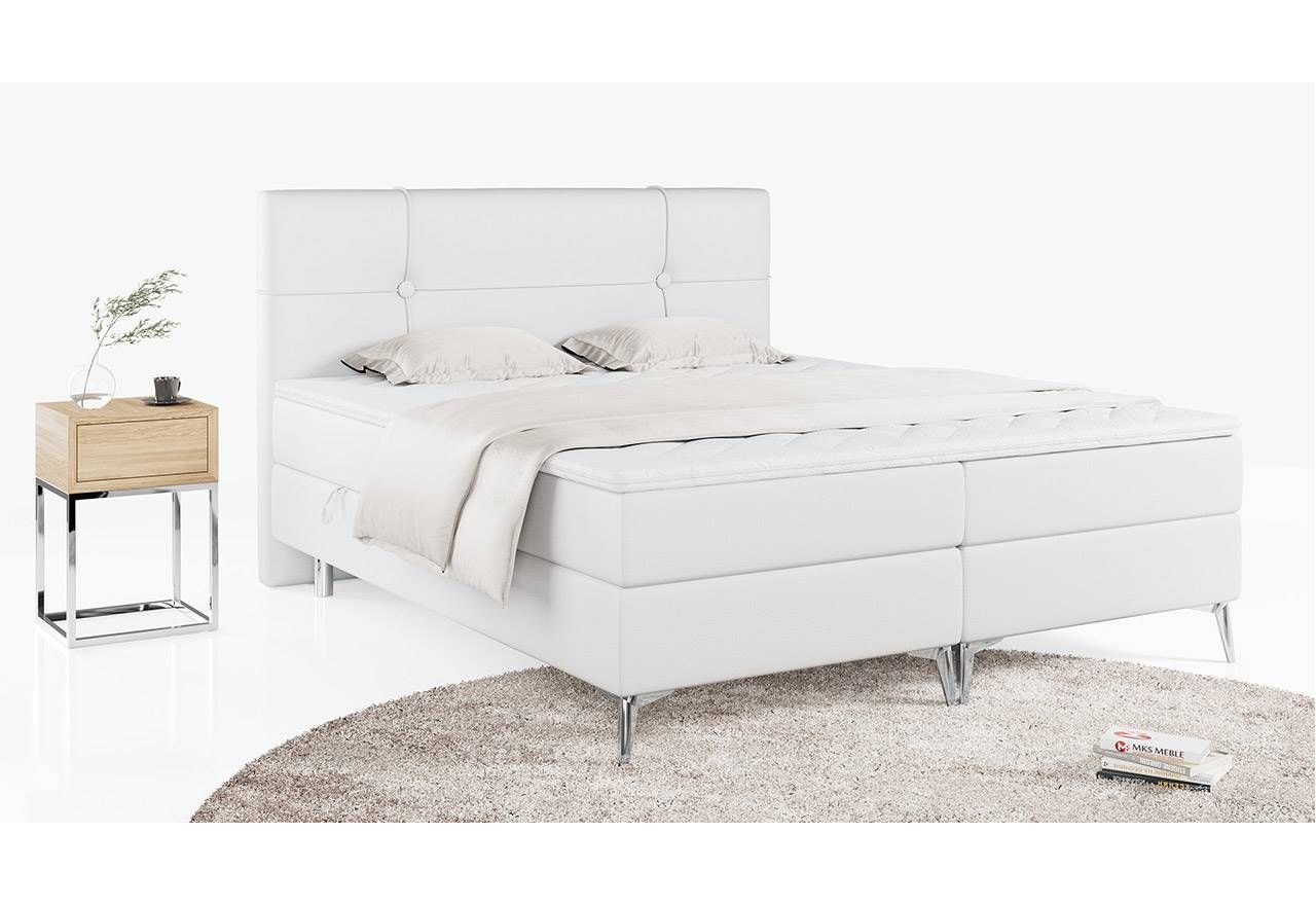 Oryginalne łóżko kontynentalne z wysokim wezgłowiem i opcją pojemnika - KIARA 200x200 biała ecoskóra