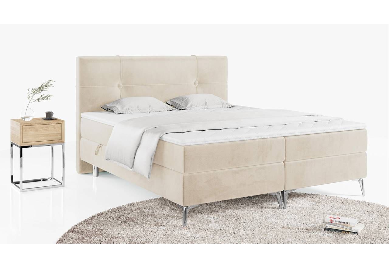 Podwójne łóżko kontynentalne z przeszywanym wezgłowiem, obite tkaniną typu welur - KIARA 160x200 beżowy