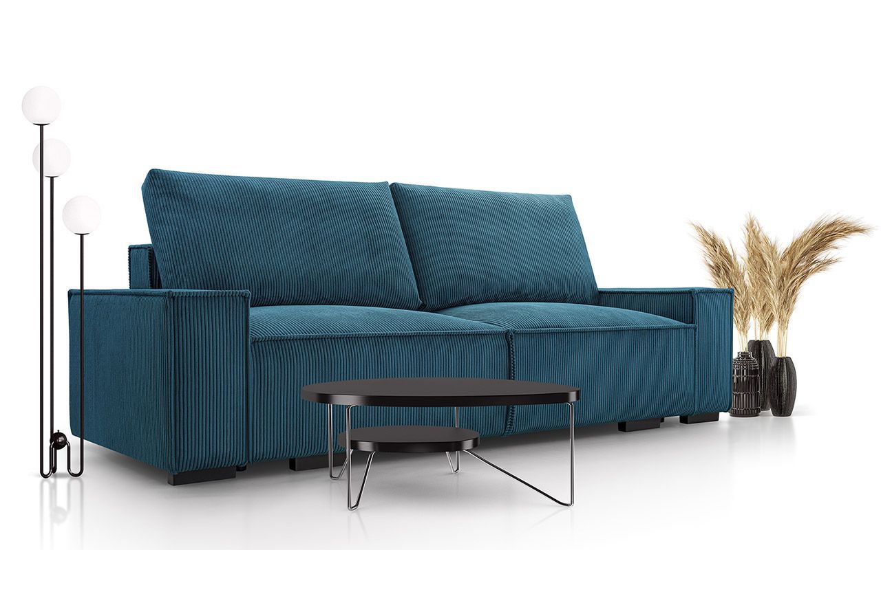 Niebieska sofa sztruksowa w minimalistycznym stylu SAVONA do salonu, z pojemnikiem na pościel i funkcją spania