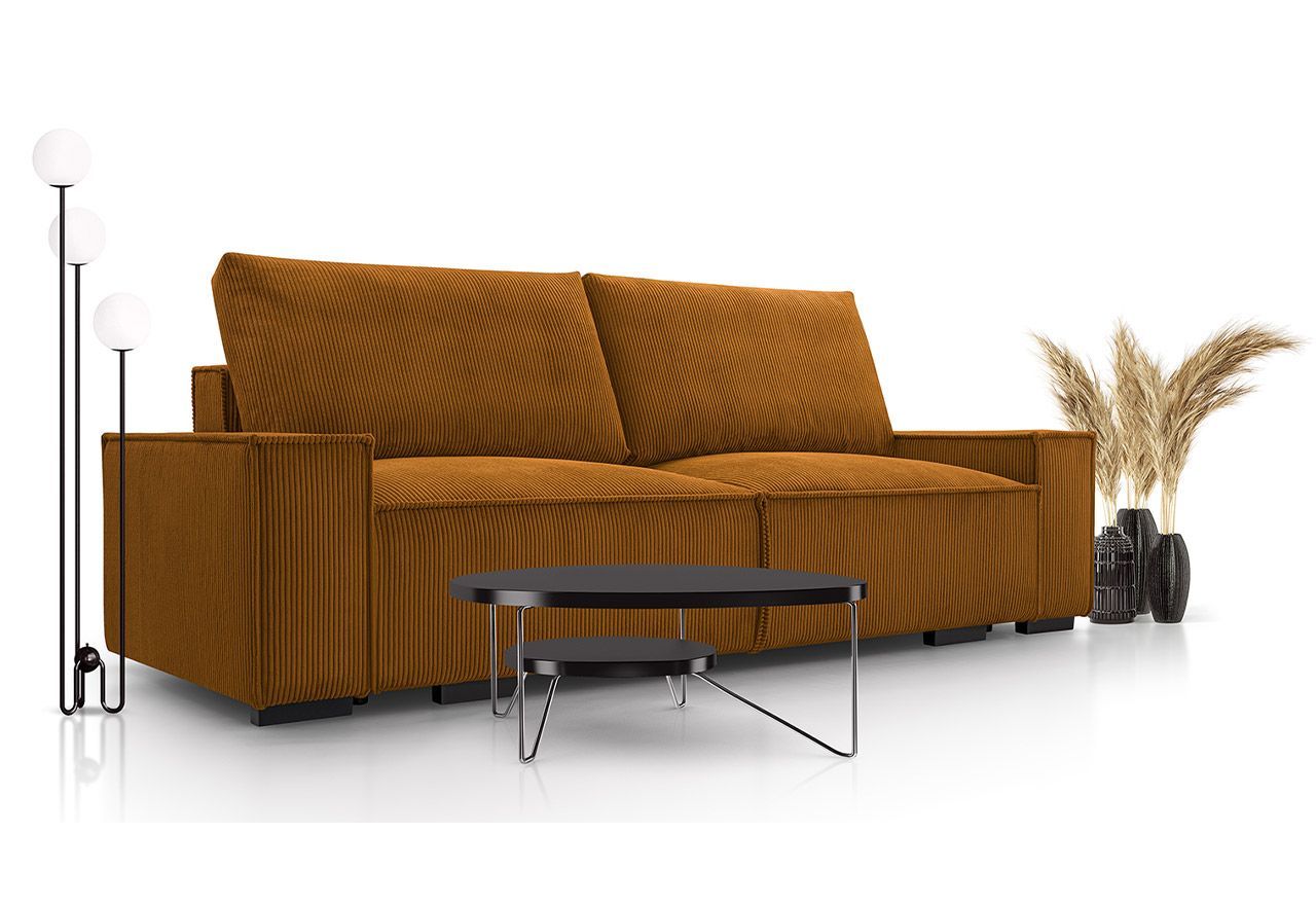 Minimalistyczna, sztruksowa sofa rozkładana SAVONA z pojemnikiem na pościel i musztardową tapicerką