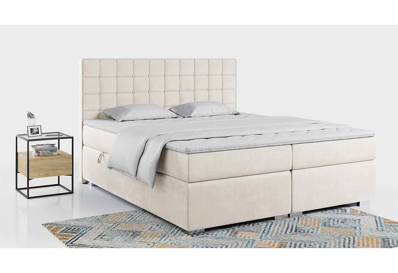 Łóżko z materacem do sypialni, kontynentalne 200x200 cm z pikowanym zagłówkiem - CARMEN kremowy