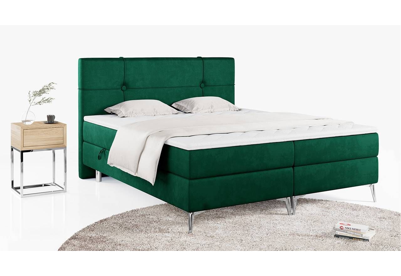 Łóżko kontynentalne z zagłówkiem do sypialni na metalowych nóżkach - KIARA 120x200 butelkowa zieleń