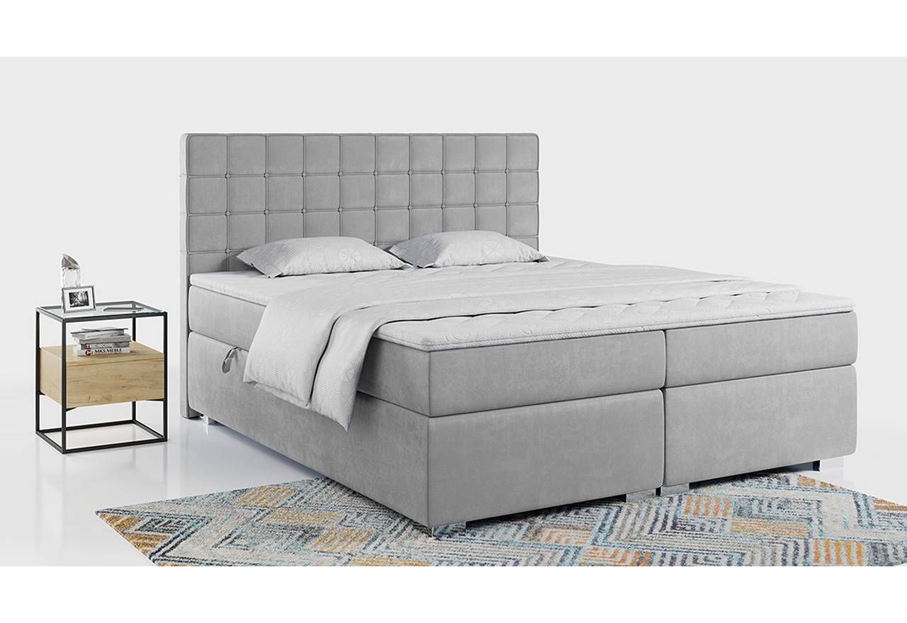 Łóżko z materacem, kontynentalne, pikowane do sypialni, 2 osobowe z opcją pojemnika na pościel - CARMEN 200x200 jasny szary