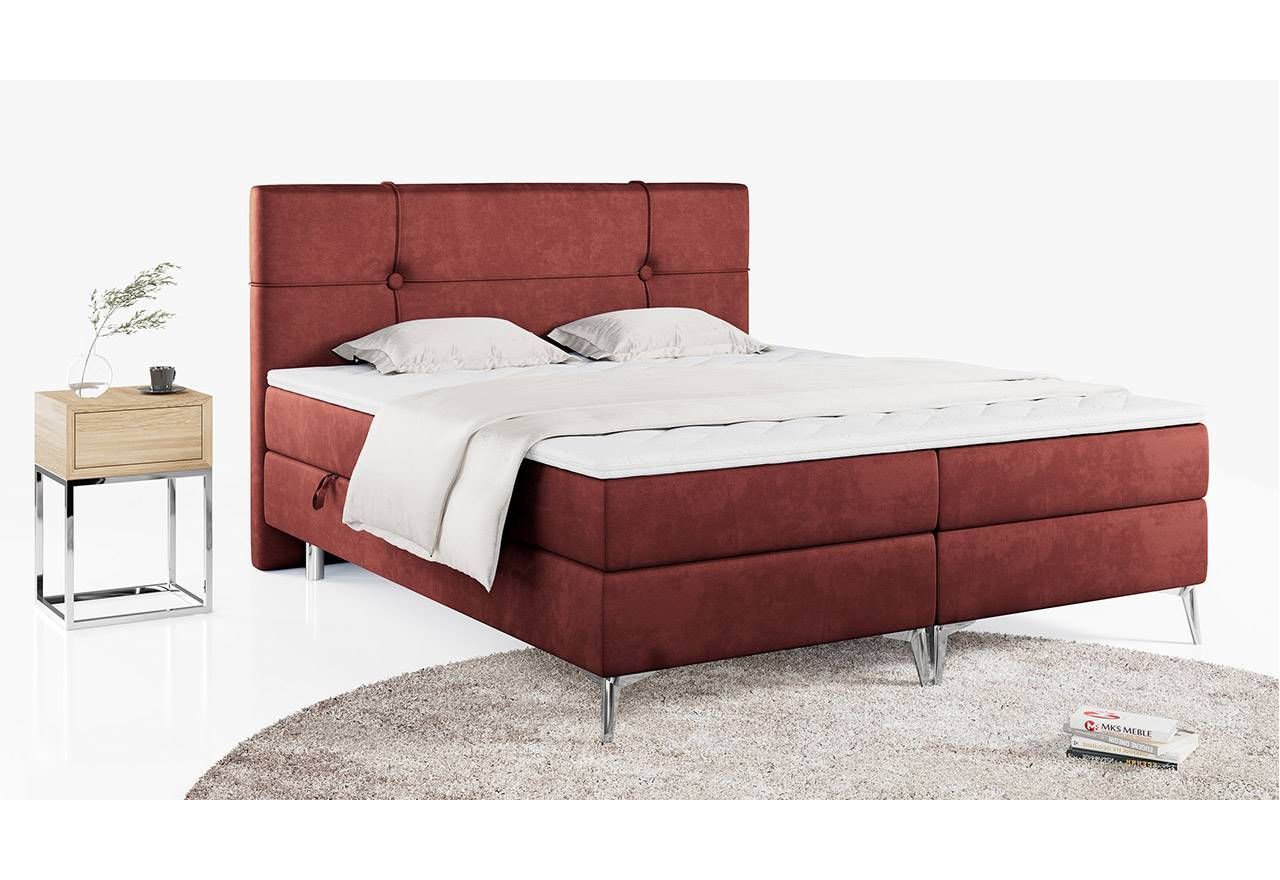 Modne łóżko kontynentalne pikowane na metalowych nóżkach do sypialni - KIARA 160x200 czerwony
