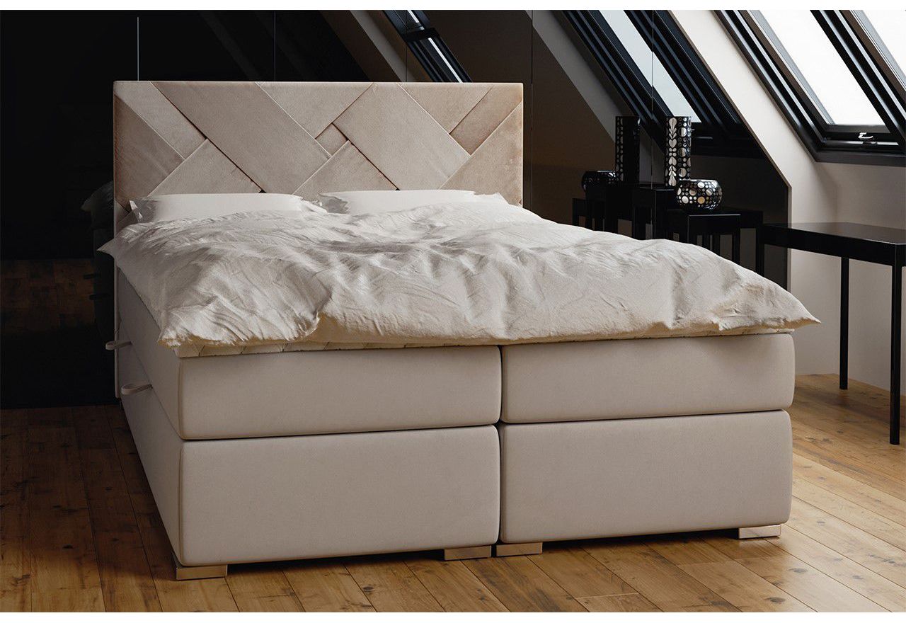 Łóżko kontynentalne z materacem do sypialni, 2 osobowe z opcją pojemnika na pościel - BRUNA 200x200 beżowy