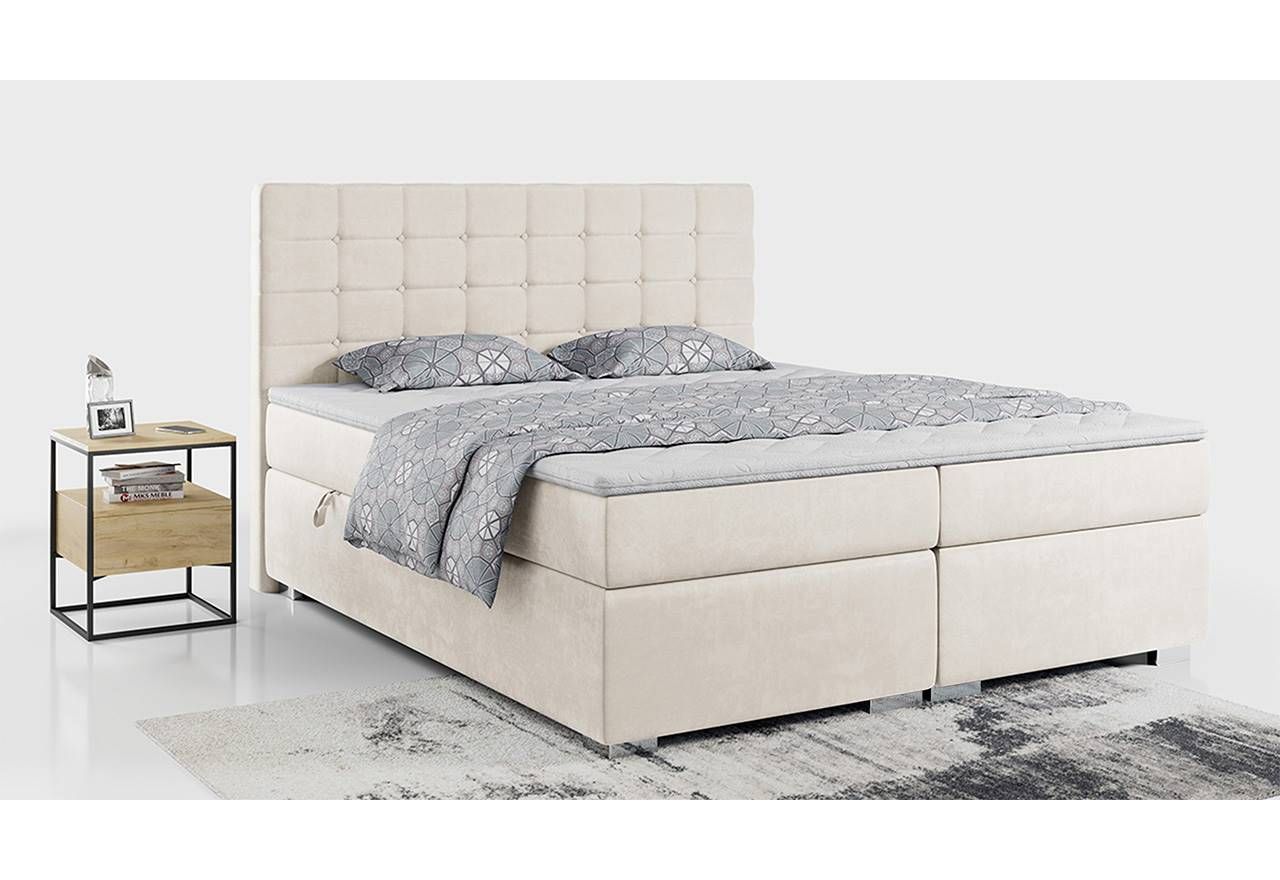 Łóżko z materacem 200x200 cm, kontynentalne z pikowanym zagłówkiem do sypialni - CASSI kremowy