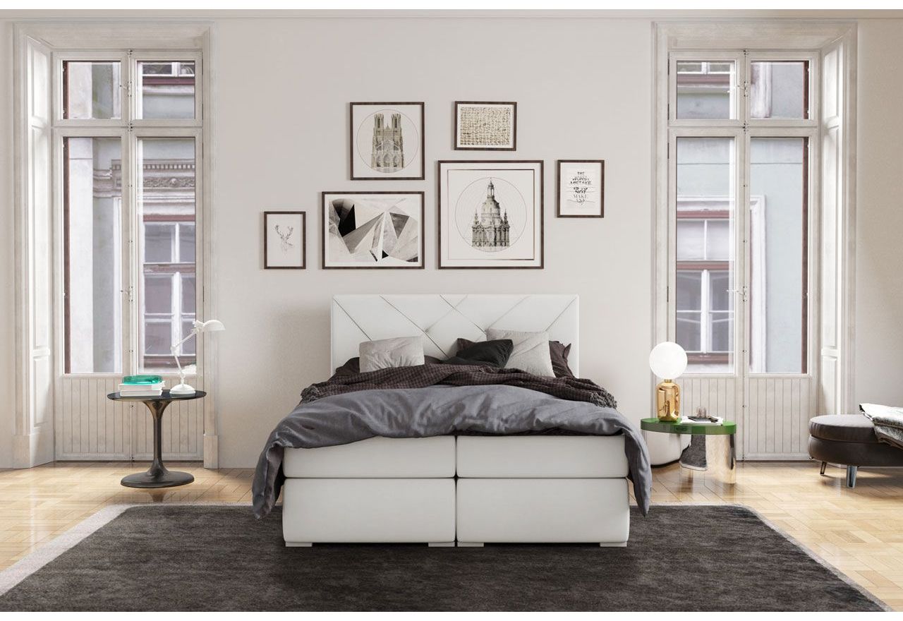 Szerokie łóżko kontynentalne 200x200 cm w tkaninie typu welur, z materacem do sypialni - DAVES kremowe