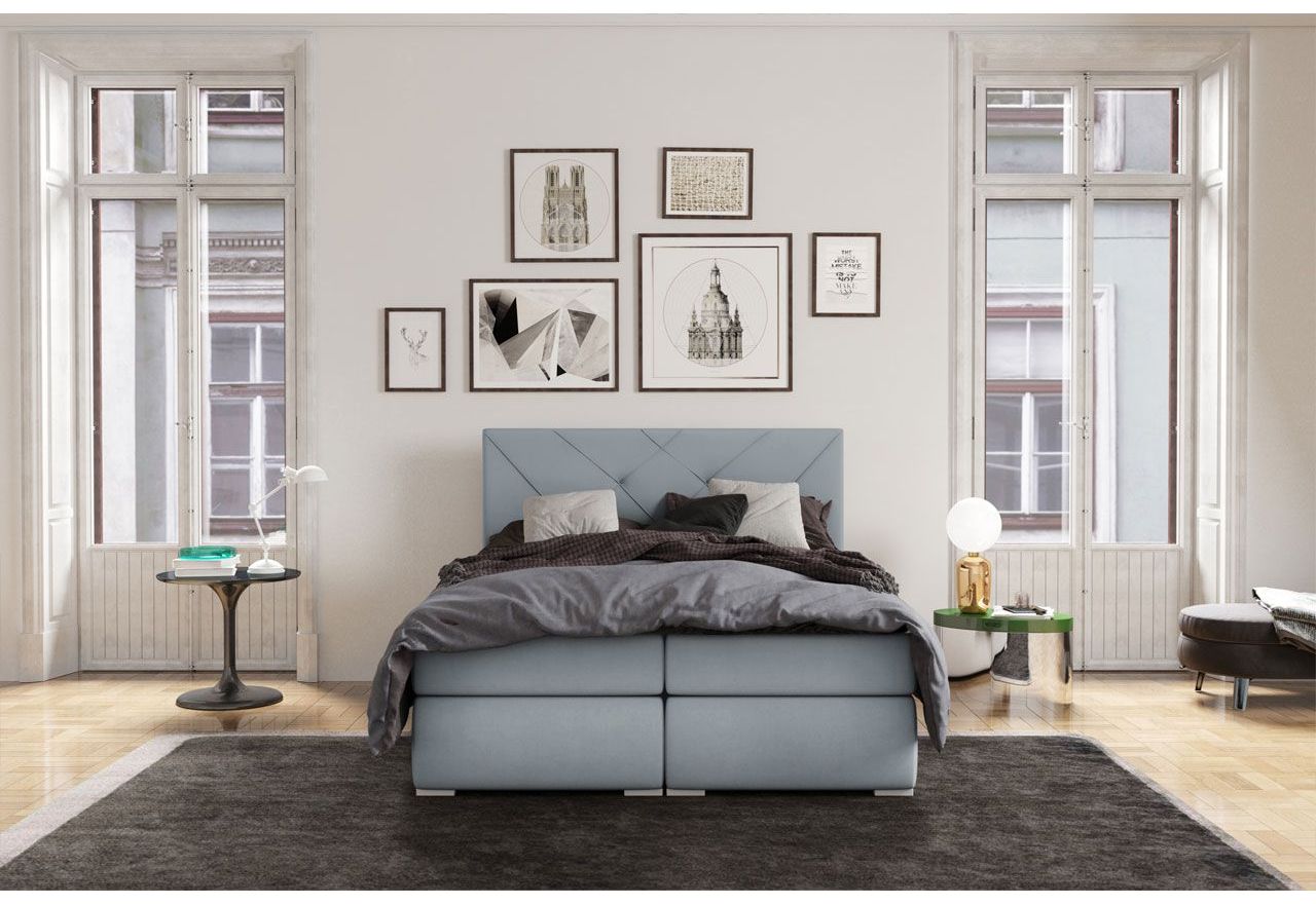 Łóżko podwójne kontynentalne z wysokim zagłówkiem, w welurowej, szarej tkaninie - DAVES 200x200