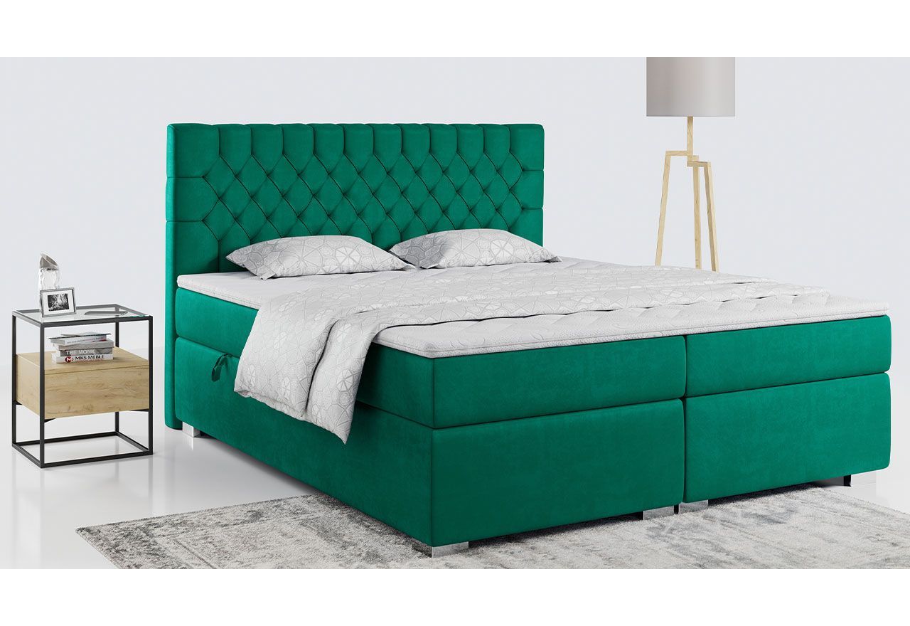 Szerokie łóżko kontynentalne 200x200 w kolorze butelkowej zieleni do sypialni, z pikowanym zagłówkiem - PERA