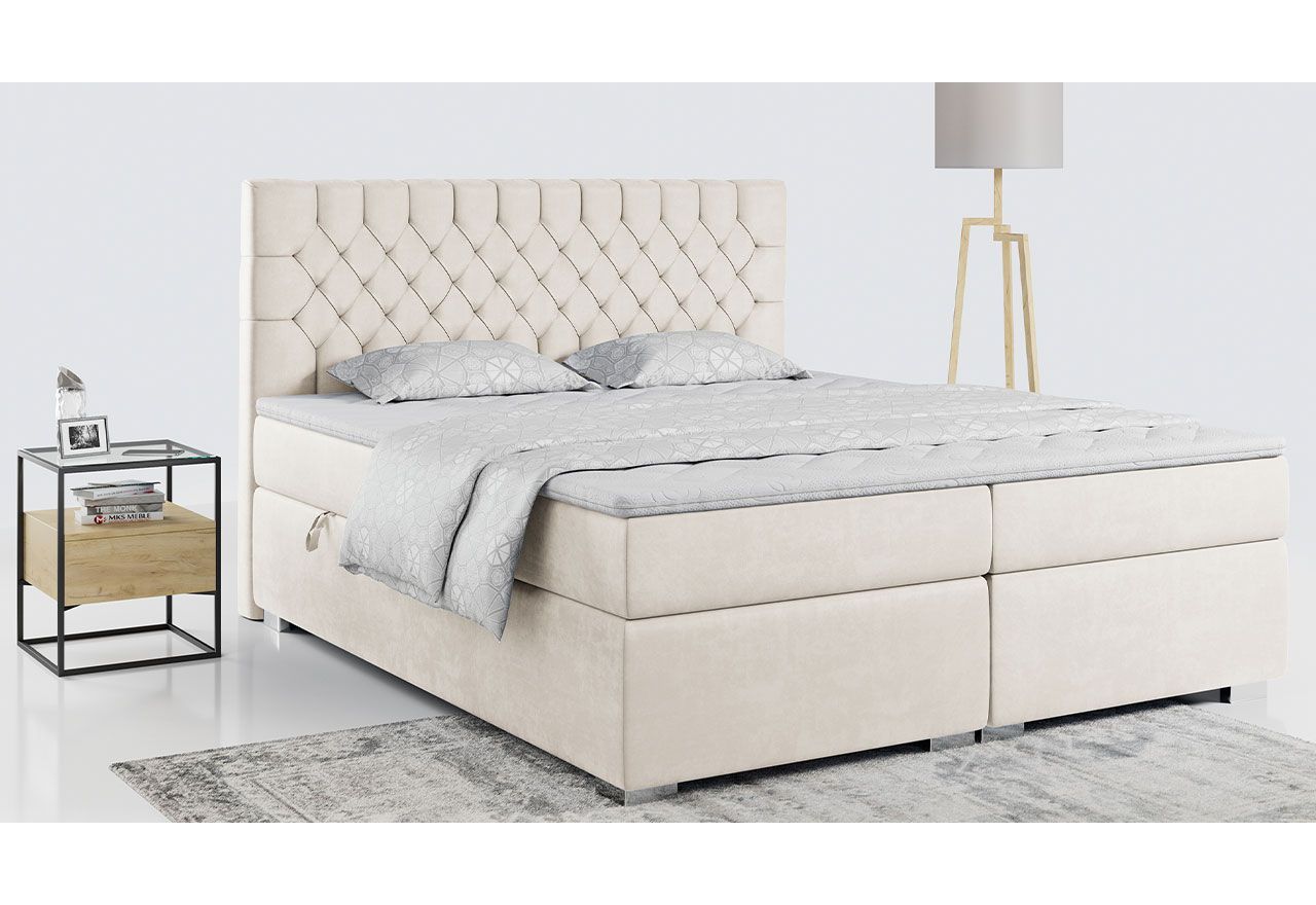 Podwójne łóżko kontynentalne 200x200 PERA, z materacem i opcją pojemnika na pościel, kremowe