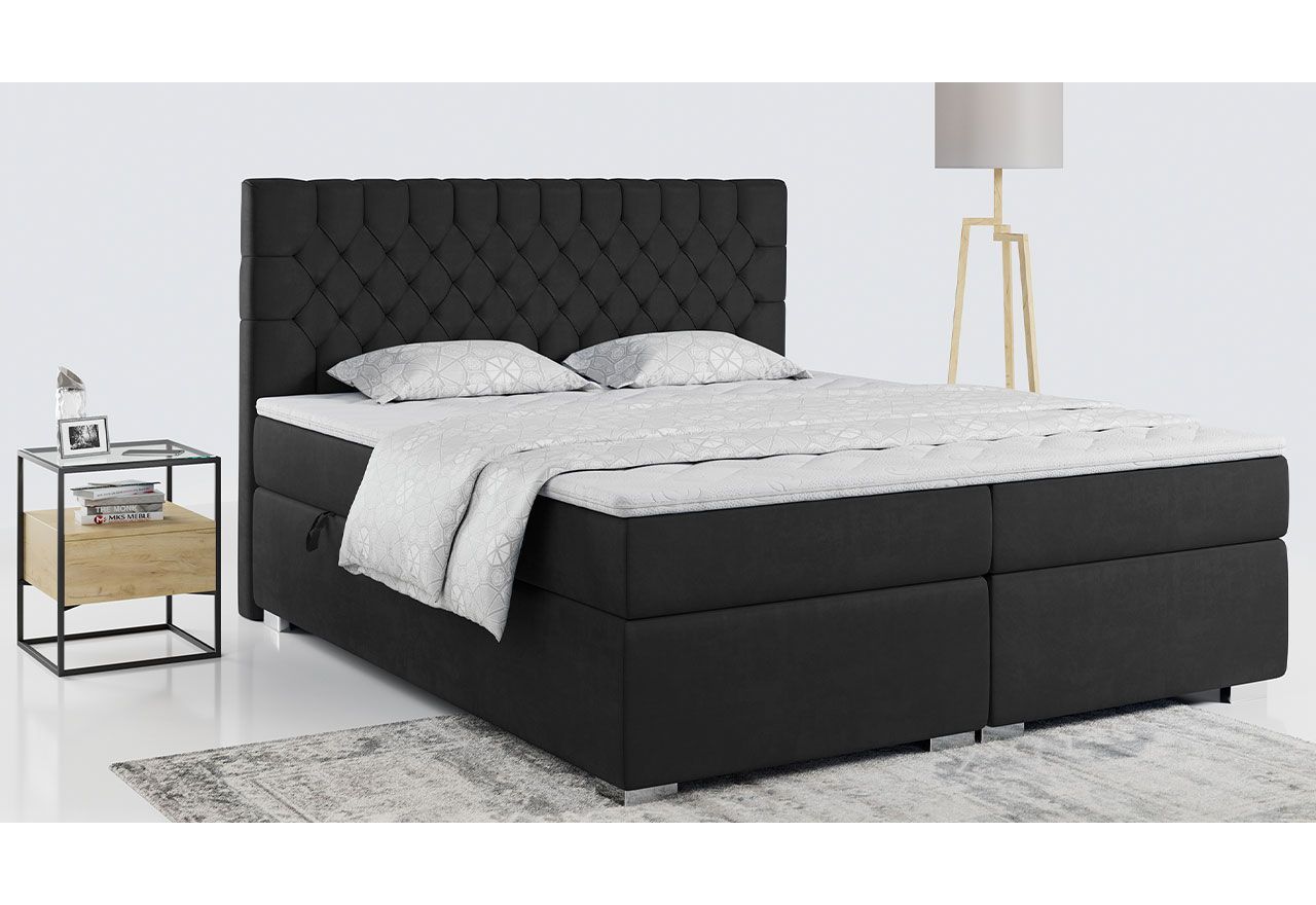 Łóżko kontynentalne podwójne z materacem 200x200 PERA, czarne, pikowane do sypialni
