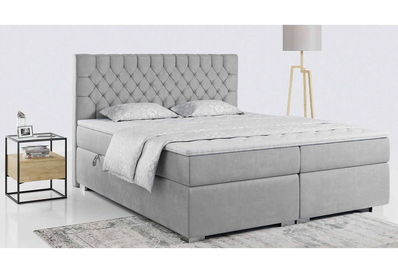 Łóżko z materacem 200x200 kontynentalne, 2 osobowe do sypialni, z pikowanym zagłówkiem - PERA jasny szary