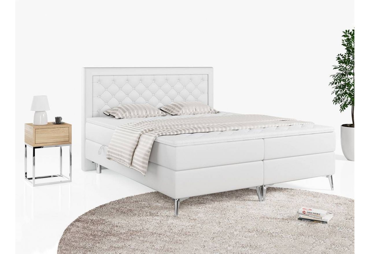 Nowoczesne łóżko kontynentalne na wysokich nóżkach z pikowanym wezgłowiem - MACAN 120x200 biała ecoskóra