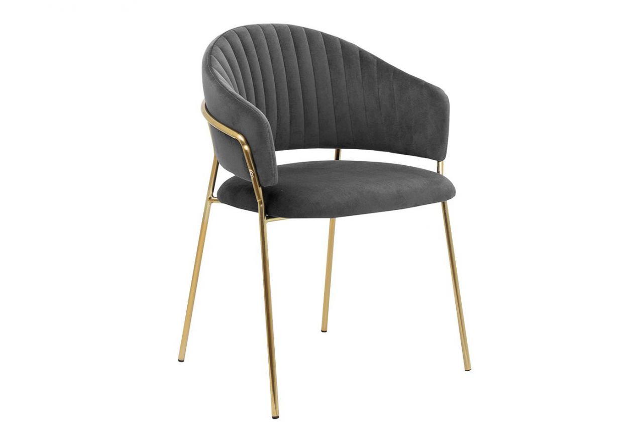 Ciemnoszare krzesło tapicerowane LARINO z cienkimi, metalowymi, złotymi nogami