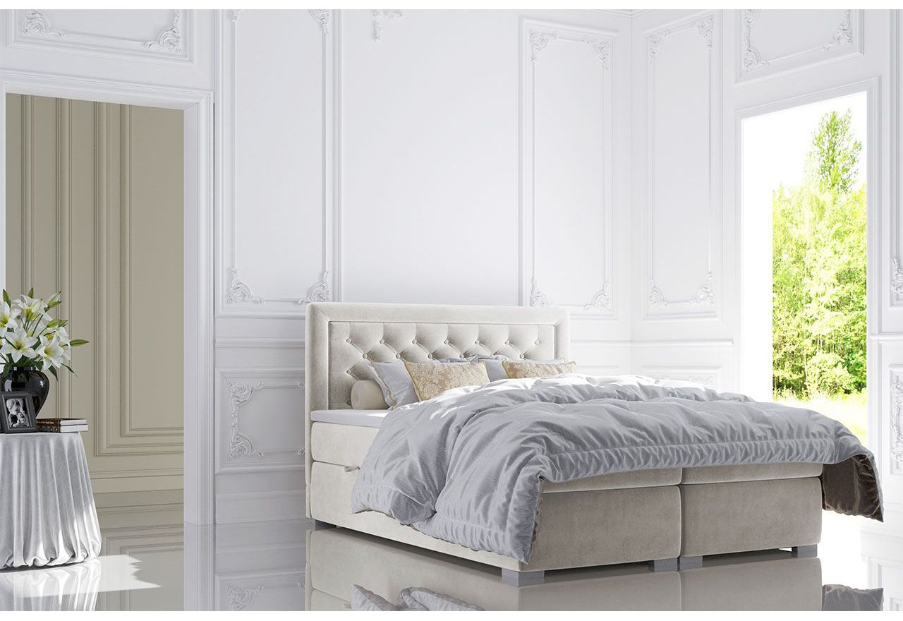 Dwuosobowe łóżko kontynentalne z materacem 200x200, pikowane, welurowe do sypialni - NOA kremowe