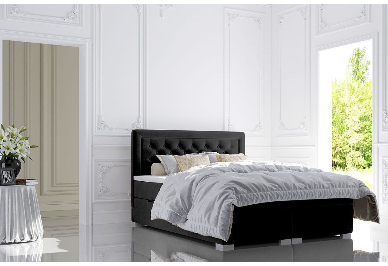 Wygodne łóżko kontynentalne 200x200, czarne, welurowe z materacem i pikowanym zagłówkiem do sypialni - NOA