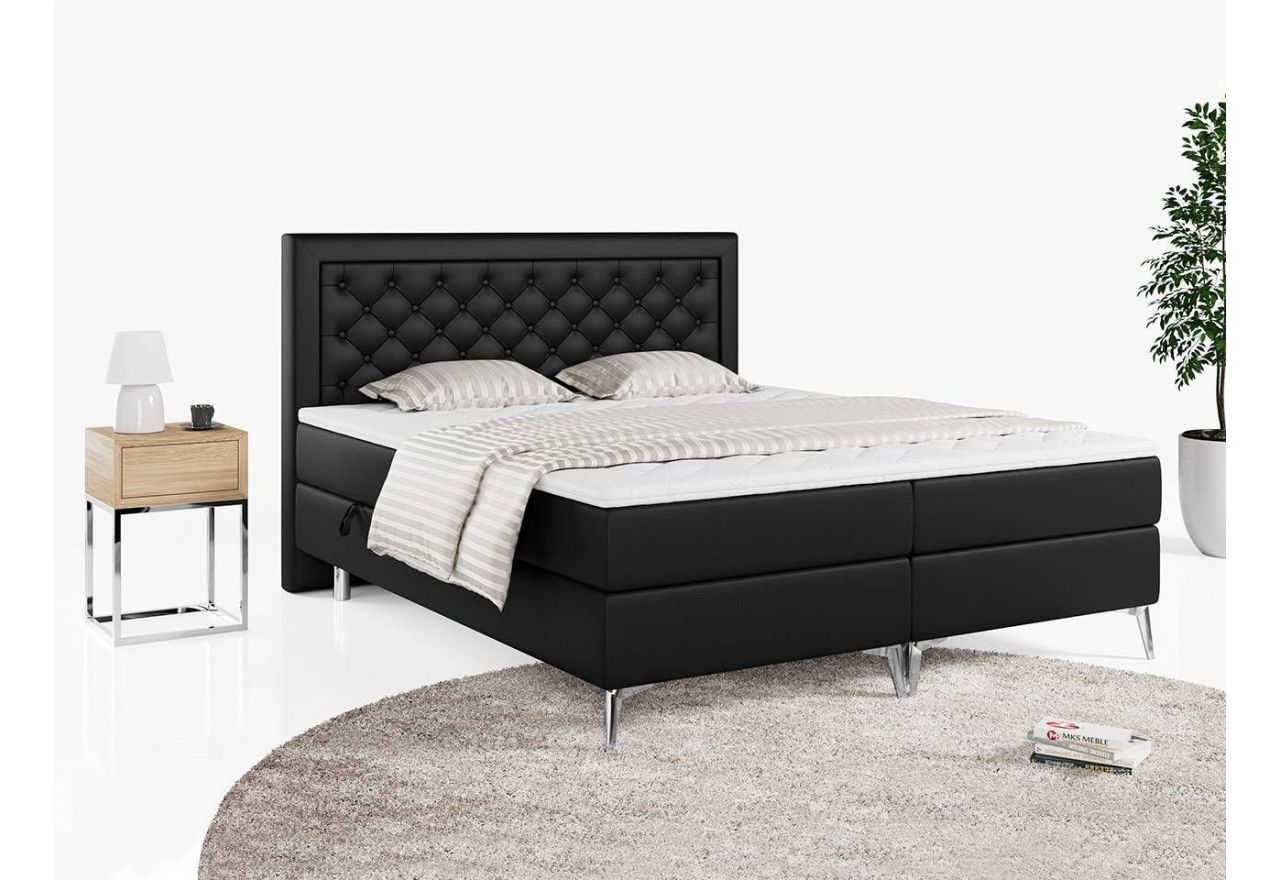 Modne łóżko kontynentalne z pikowanym wezgłowiem i opcją wyboru koloru nóżek - MACAN 140x200 czarna ecoskóra