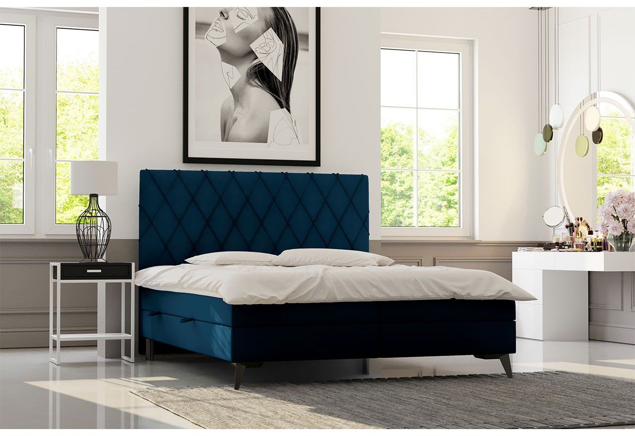 Granatowe łóżko 2 osobowe kontynentalne MIRA 200x200 cm do sypialni, welurowe