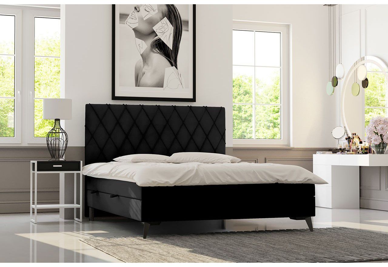 Łóżko kontynentalne 2 osobowe 200x200 do sypialni, welurowe, z opcją pojemnika na pościel - MIRA czarny